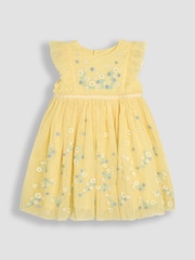 JoJo Maman Bébé Yellow Floral Ruffle Front Embroidered Tulle Party Dress - Image 1 of 3