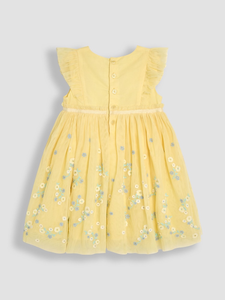 JoJo Maman Bébé Yellow Floral Ruffle Front Embroidered Tulle Party Dress - Image 2 of 3