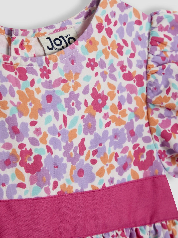 JoJo Maman Bébé Pink Floral Puff Sleeve Party Dress - Image 4 of 4