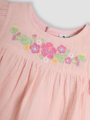 JoJo Maman Bébé Coral Pink Floral 2-Piece Embroidered Cheesecloth Top & Bloomers Set - Image 6 of 7
