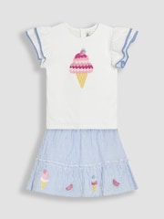 JoJo Maman Bébé Blue Ice Cream 2-Piece Double Frill Sleeve 100% Cotton T-Shirt & Skirt Set - Image 1 of 5