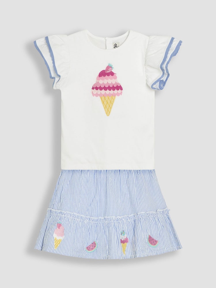 JoJo Maman Bébé Blue Ice Cream 2-Piece Double Frill Sleeve 100% Cotton T-Shirt & Skirt Set - Image 1 of 5