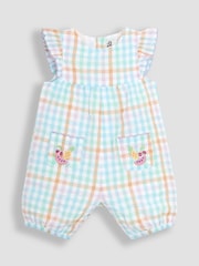 JoJo Maman Bébé Rainbow Gingham Fruit Embroidered Pockets Pretty Ruffle Shoulder Sunsuit - Image 1 of 3