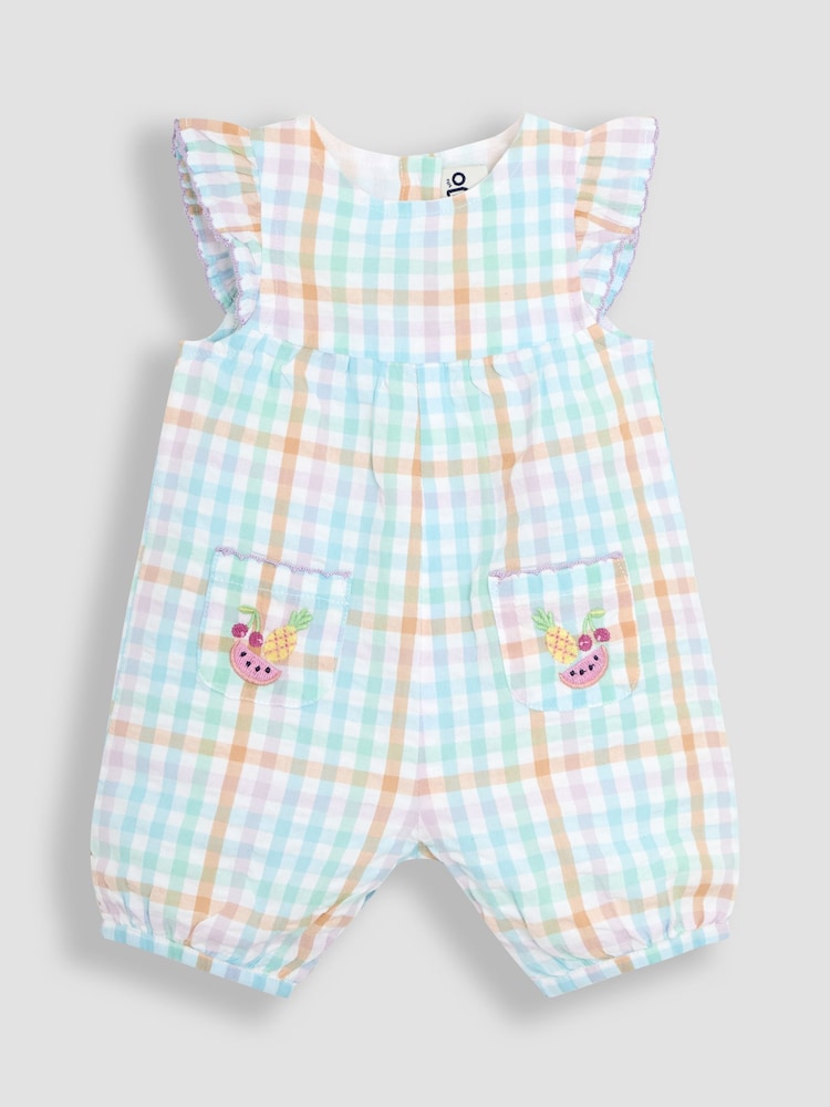 JoJo Maman Bébé Rainbow Gingham Fruit Embroidered Pockets Pretty Ruffle Shoulder Sunsuit - Image 1 of 3