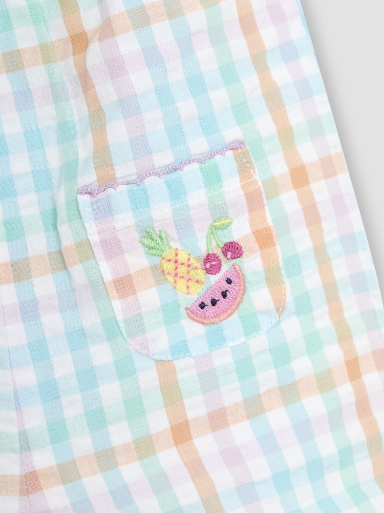 JoJo Maman Bébé Rainbow Gingham Fruit Embroidered Pockets Pretty Ruffle Shoulder Sunsuit - Image 3 of 3