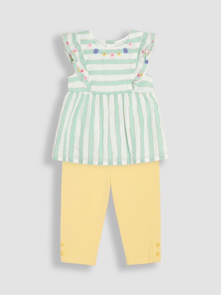 JoJo Maman Bébé Aqua Green Floral Print Frill Sleeve Blouse & Leggings Set 2 Piece - Image 1 of 5 JoJo Maman Bébé Aqua Green Floral Print Frill Sleeve Blouse & Leggings Set 2 Piece - Image 1 of 5