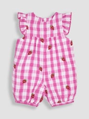 Vichy-Karos, Pink-Erdbeerrot - JoJo Maman Bébé – hübscher, bestickter Sonnenschutz-Anzug mit Rüschen an der Schulter aus 100 % Baumwolle - Image 1 of 3
