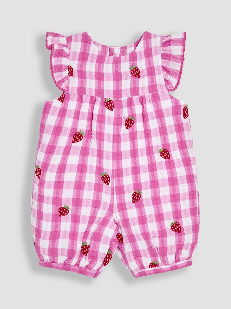 Vichy-Karos, Pink-Erdbeerrot - JoJo Maman Bébé – hübscher, bestickter Sonnenschutz-Anzug mit Rüschen an der Schulter aus 100 % Baumwolle - Image 1 of 3