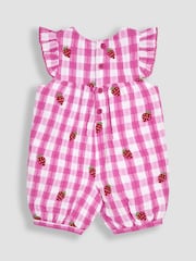 Vichy-Karos, Pink-Erdbeerrot - JoJo Maman Bébé – hübscher, bestickter Sonnenschutz-Anzug mit Rüschen an der Schulter aus 100 % Baumwolle - Image 2 of 3