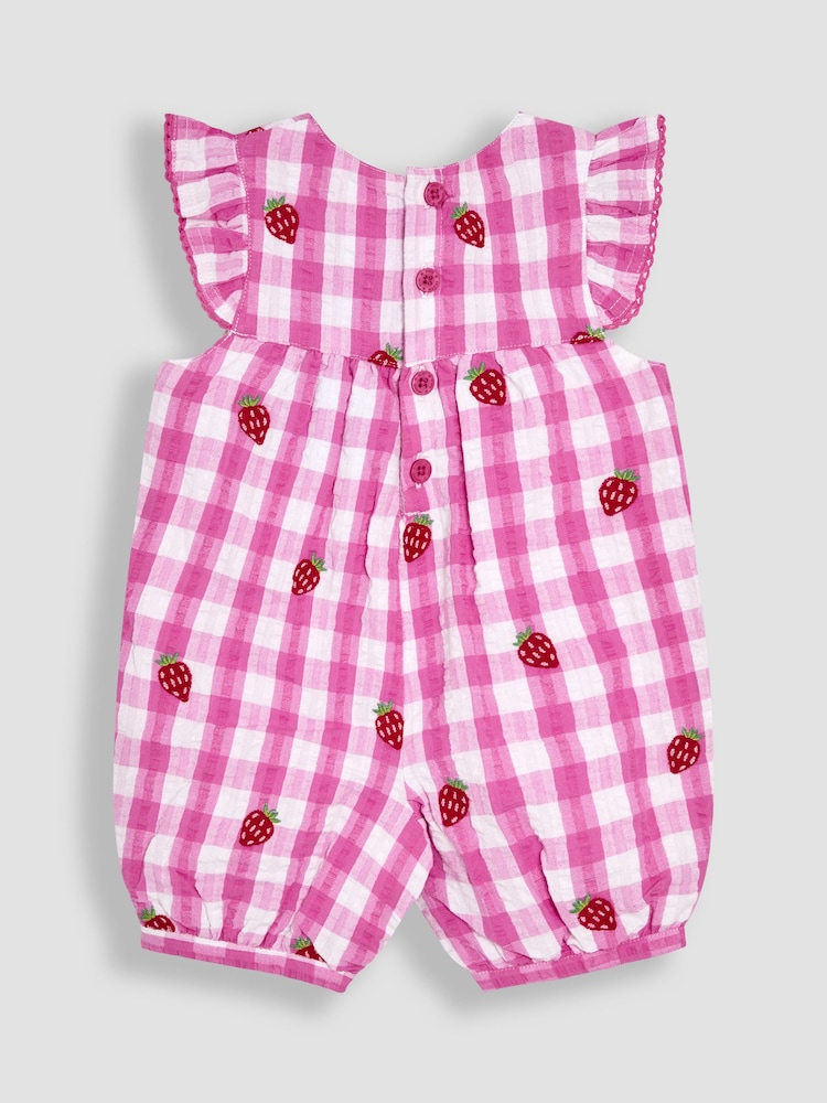 Vichy-Karos, Pink-Erdbeerrot - JoJo Maman Bébé – hübscher, bestickter Sonnenschutz-Anzug mit Rüschen an der Schulter aus 100 % Baumwolle - Image 2 of 3