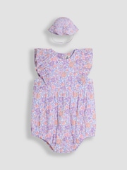 JoJo Maman Bébé Lilac Tropical Floral 2-Piece Frill-front Romper & Hat Set - Image 1 of 6