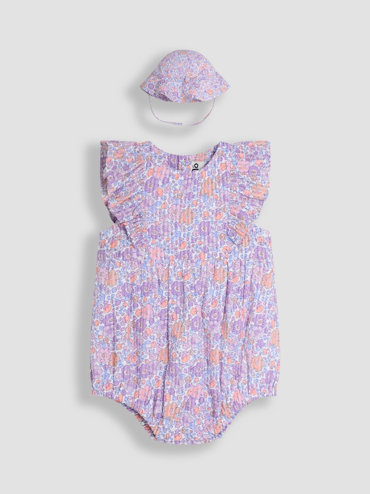 JoJo Maman Bébé Lilac Tropical Floral 2-Piece Frill-front Romper & Hat Set - Image 1 of 6
