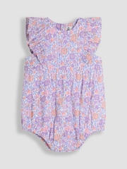 JoJo Maman Bébé Lilac Tropical Floral 2-Piece Frill-front Romper & Hat Set - Image 2 of 6
