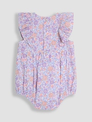 JoJo Maman Bébé Lilac Tropical Floral 2-Piece Frill-front Romper & Hat Set - Image 3 of 6
