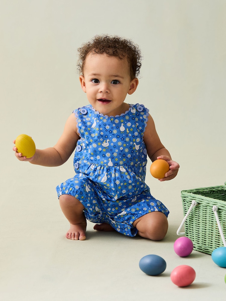 Blue Duck Floral - JoJo Maman Bébé Printed 100% Cotton Dungarees - Imagen 1 de 3