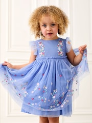 JoJo Maman Bébé Blue Ladybird Floral Frill Embroidered Tulle Party Dress - Image 1 of 7