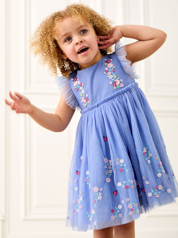 JoJo Maman Bébé Blue Ladybird Floral Frill Embroidered Tulle Party Dress - Image 2 of 7
