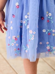 JoJo Maman Bébé Blue Ladybird Floral Frill Embroidered Tulle Party Dress - Image 4 of 7