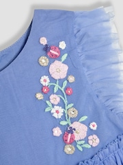 JoJo Maman Bébé Blue Ladybird Floral Frill Embroidered Tulle Party Dress - Image 7 of 7