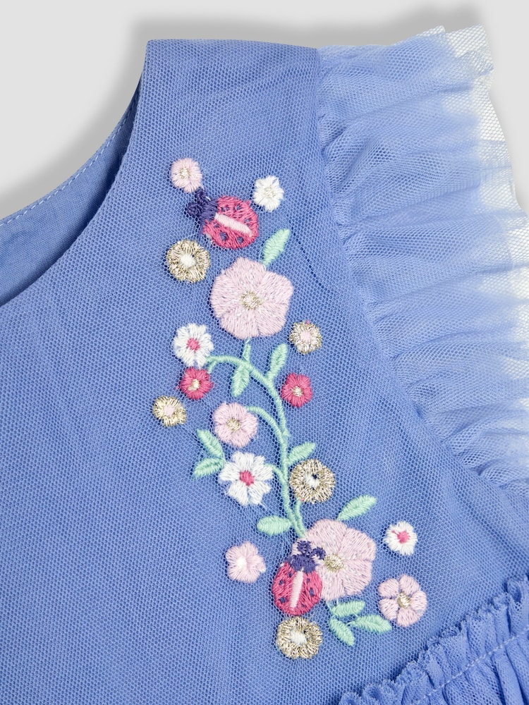 JoJo Maman Bébé Blue Ladybird Floral Frill Embroidered Tulle Party Dress - Image 7 of 7