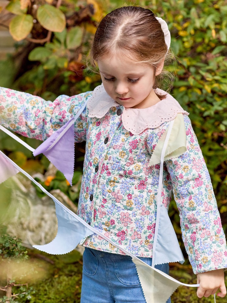 JoJo Maman Bébé Soft Pink Floral Print Quilted Reversible 100% Cotton Jacket - Image 8 of 9
