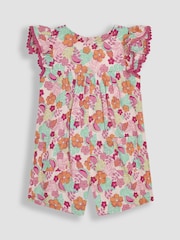 JoJo Maman Bébé Pink Jungle Floral Print Frill Sleeve Playsuit - Image 1 of 3