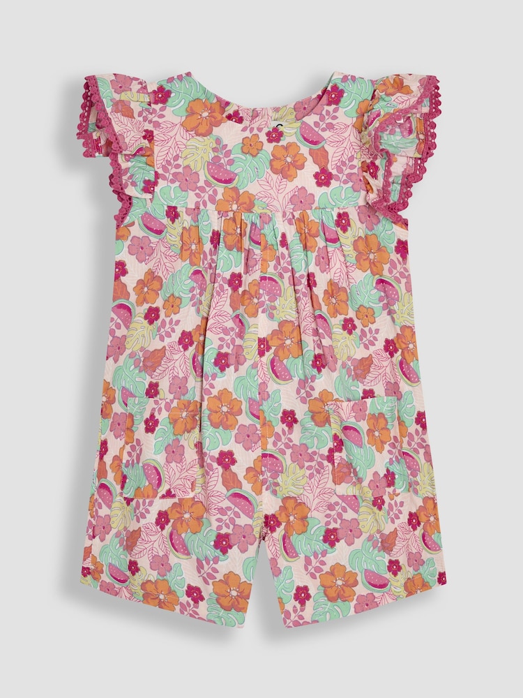 JoJo Maman Bébé Pink Jungle Floral Print Frill Sleeve Playsuit - Image 1 of 3