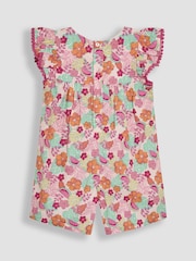 JoJo Maman Bébé Pink Jungle Floral Print Frill Sleeve Playsuit - Image 2 of 3
