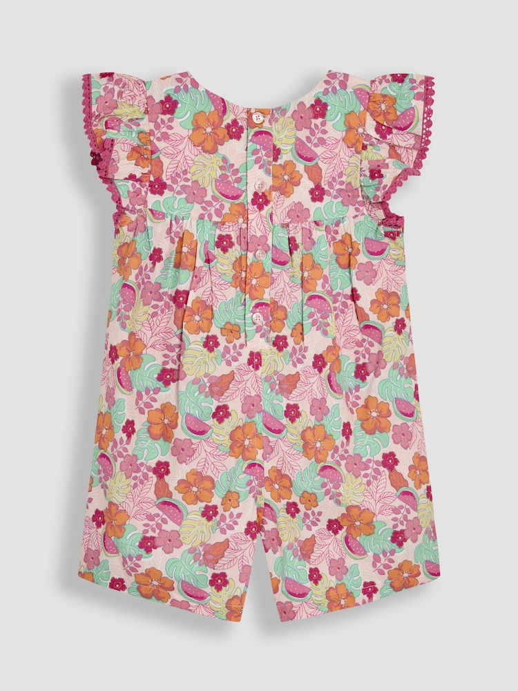 JoJo Maman Bébé Pink Jungle Floral Print Frill Sleeve Playsuit - Image 2 of 3