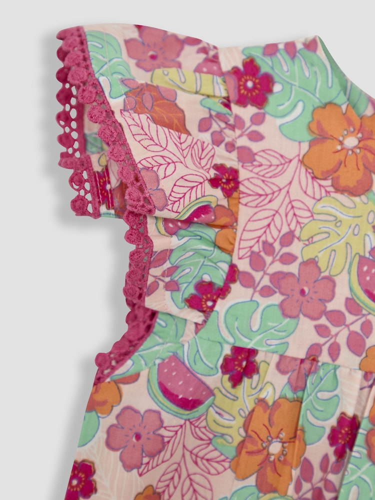 JoJo Maman Bébé Pink Jungle Floral Print Frill Sleeve Playsuit - Image 3 of 3