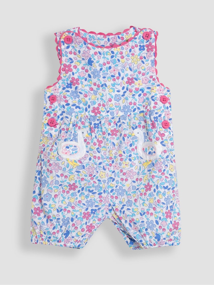 Blue Ditsy Floral Duck - JoJo Maman Bébé Appliqué Pocket 100% Cotton Dungarees - Imagen 1 de 3