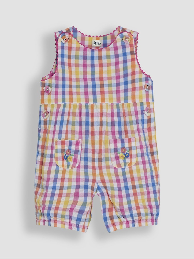JoJo Maman Bébé Pink Floral Embroidered Pocket Embroidered Gingham Dungarees - Image 1 of 3