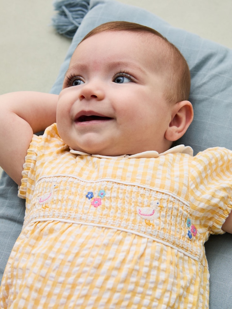 JoJo Maman Bébé Yellow Duck Embroidered Smocked Pretty Romper - Image 2 of 5