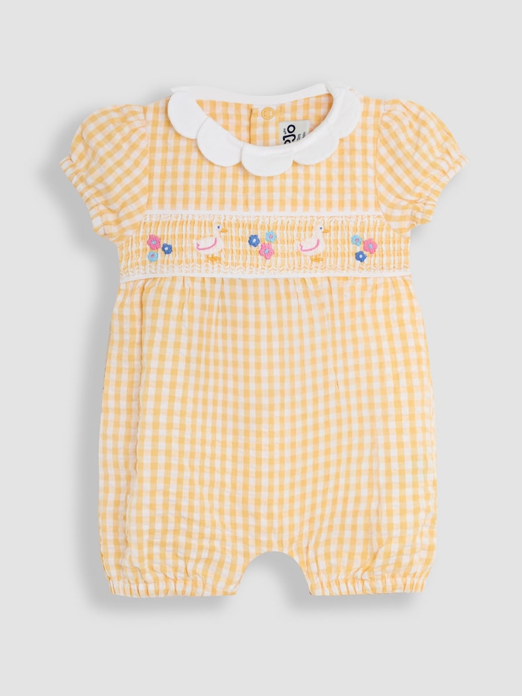 Żółta z motywem kaczki - JoJo Maman Bébé Embroidered Smocked Pretty 100% Cotton Romper - Image 3 of 5