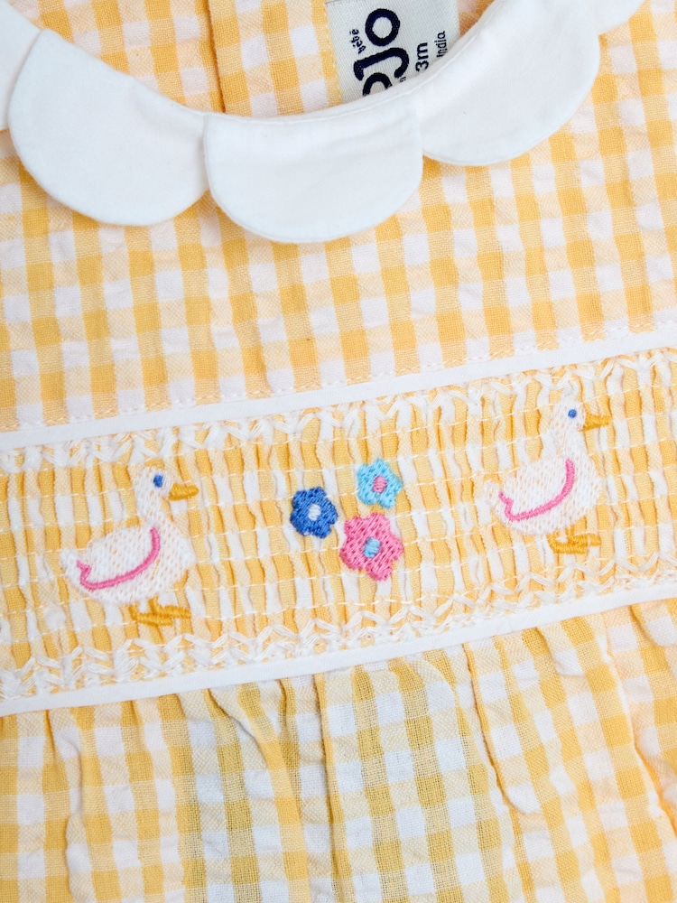 JoJo Maman Bébé Yellow Duck Embroidered Smocked Pretty Romper - Image 5 of 5