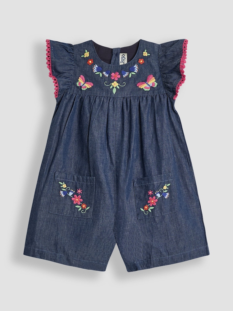 JoJo Maman Bébé Chambray Blue Floral Embroidered Frill Sleeve Playsuit - Image 1 of 3
