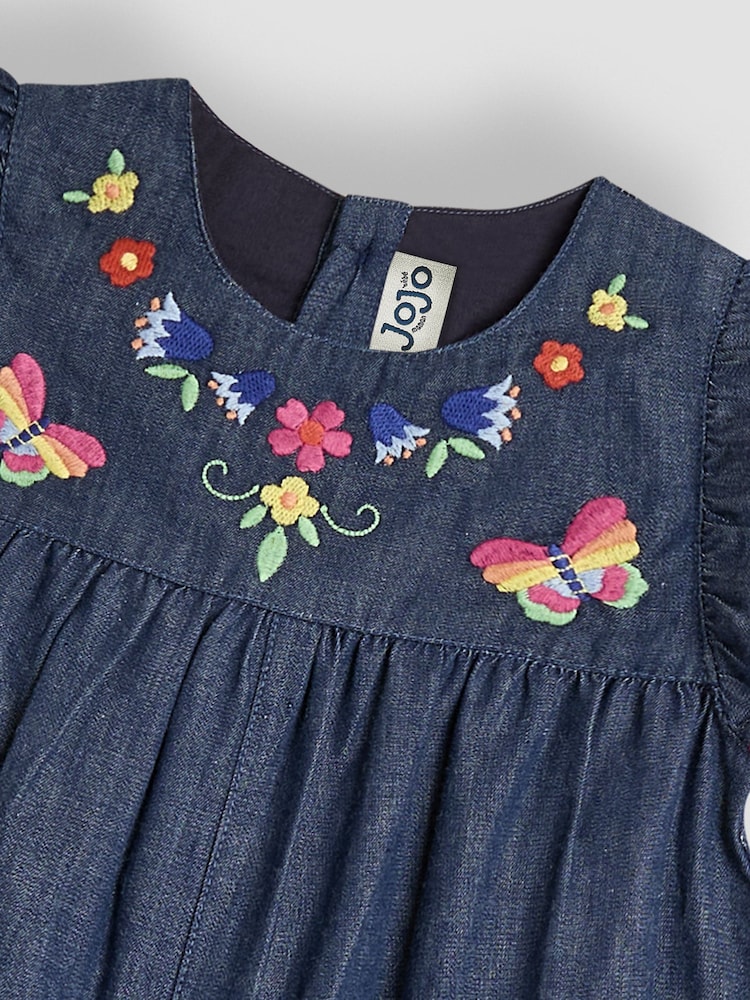 JoJo Maman Bébé Chambray Blue Floral Embroidered Frill Sleeve Playsuit - Image 3 of 3
