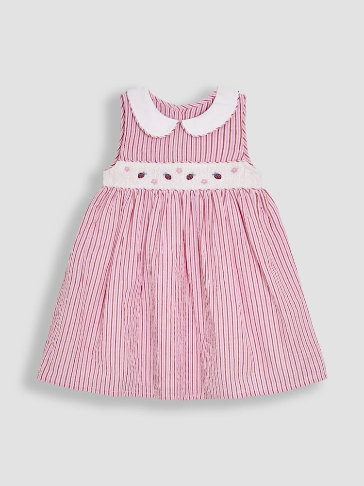 JoJo Maman Bébé Pink Ladybird Seersucker Stripe Smocked Dress - Image 1 of 3