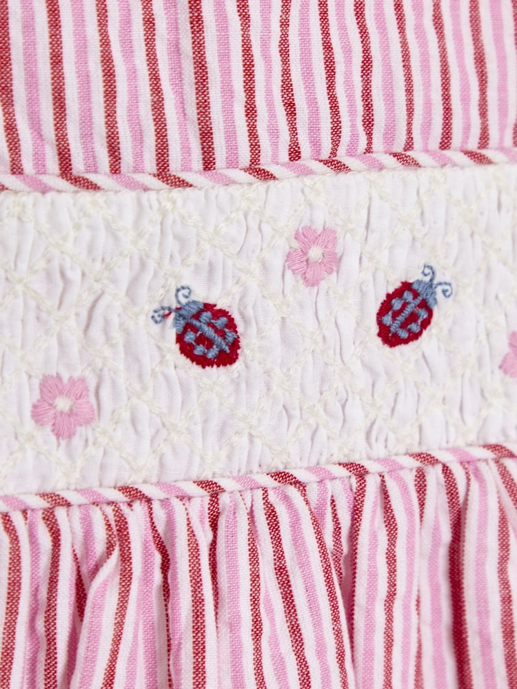 JoJo Maman Bébé Pink Ladybird Seersucker Stripe Smocked Dress - Image 3 of 3