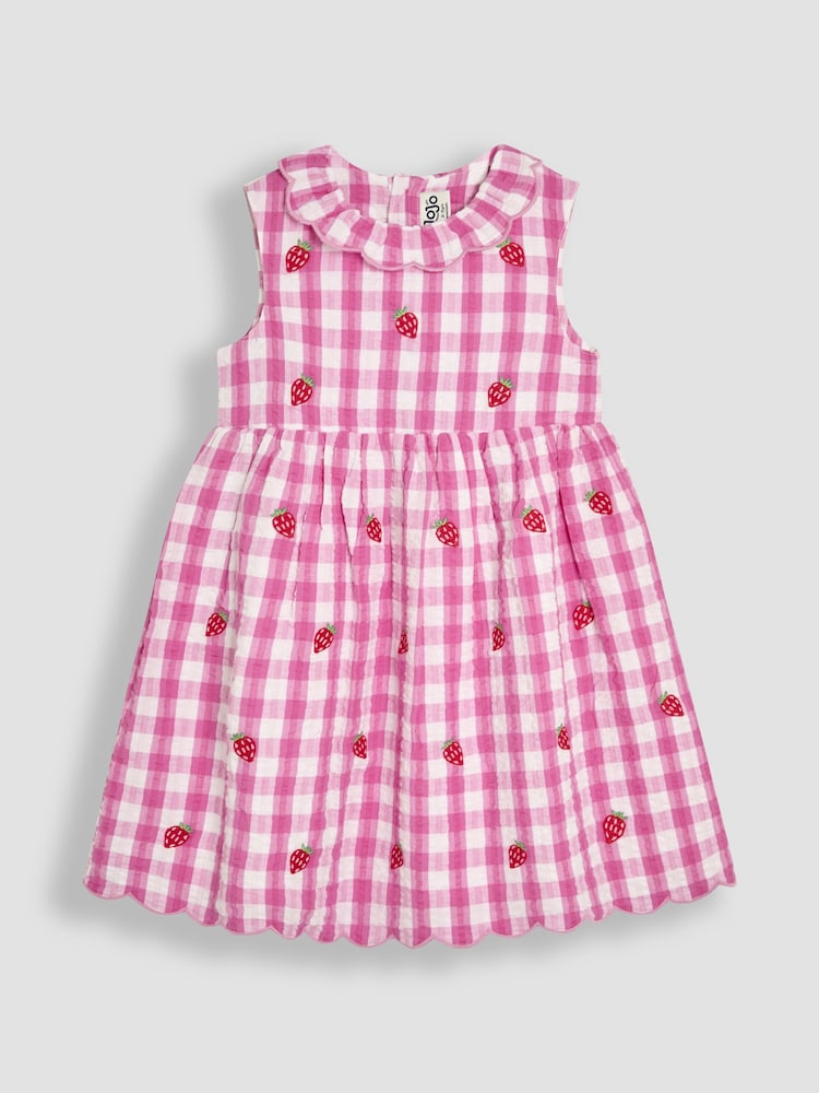 JoJo Maman Bébé Fuchsia Pink Strawberry Embroidered Summer Dress - Image 1 of 3