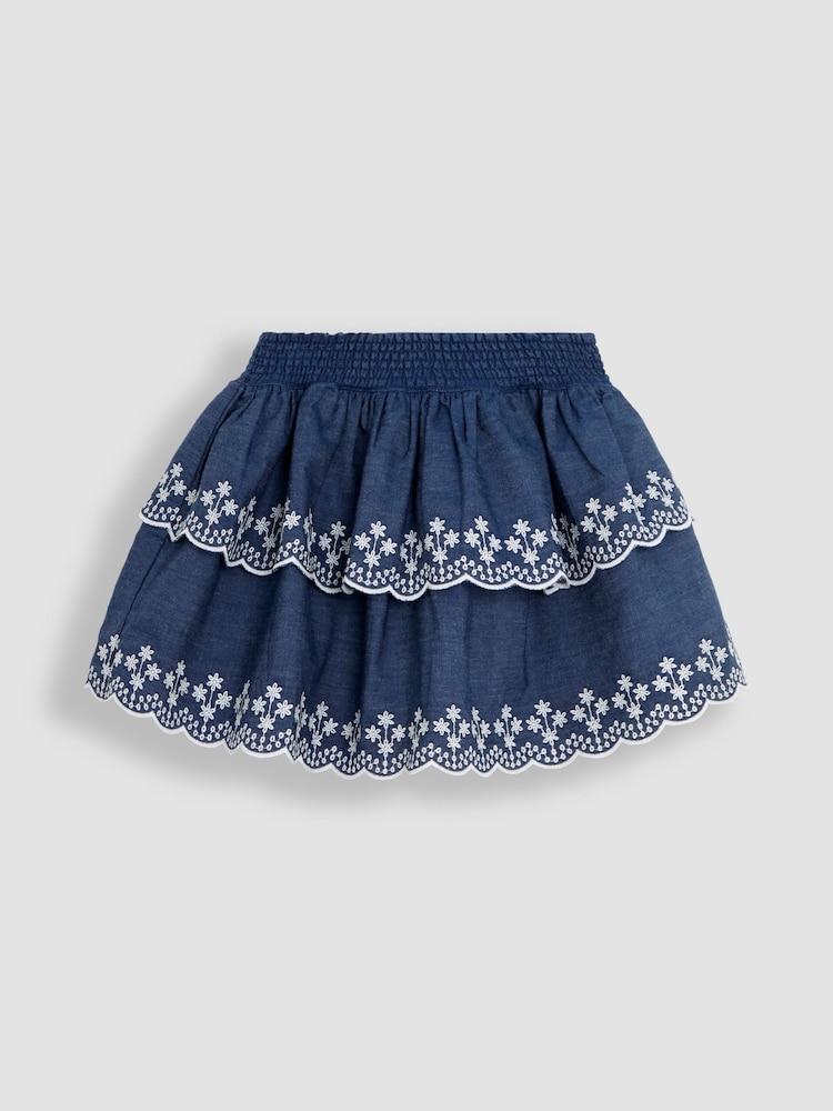 Jojo Maman Bébé Blue Broderie Scallop Hem Tiered Skirt - Image 1 of 3