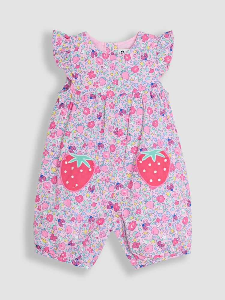 Rosa mit aufgesetzten Erdbeer-Taschen - JoJo Maman Bébé – hübscher, bestickter Sonnenschutz-Anzug mit Rüschen an der Schulter aus 100 % Baumwolle - Bild 1 von 3