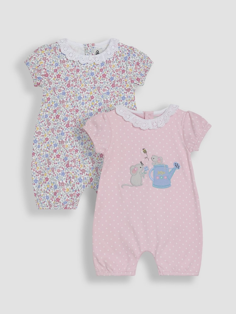 JoJo Maman Bébé Pink Mouse Applique 2 Pack Broderie Collar Rompers - Image 1 of 7