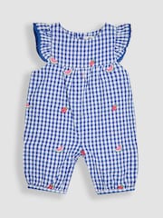 Blue Strawberry Gingham - JoJo Maman Bébé Pretty Ruffle Shoulder Embroidered 100% Cotton Sunsuit - Imagen 1 de 3