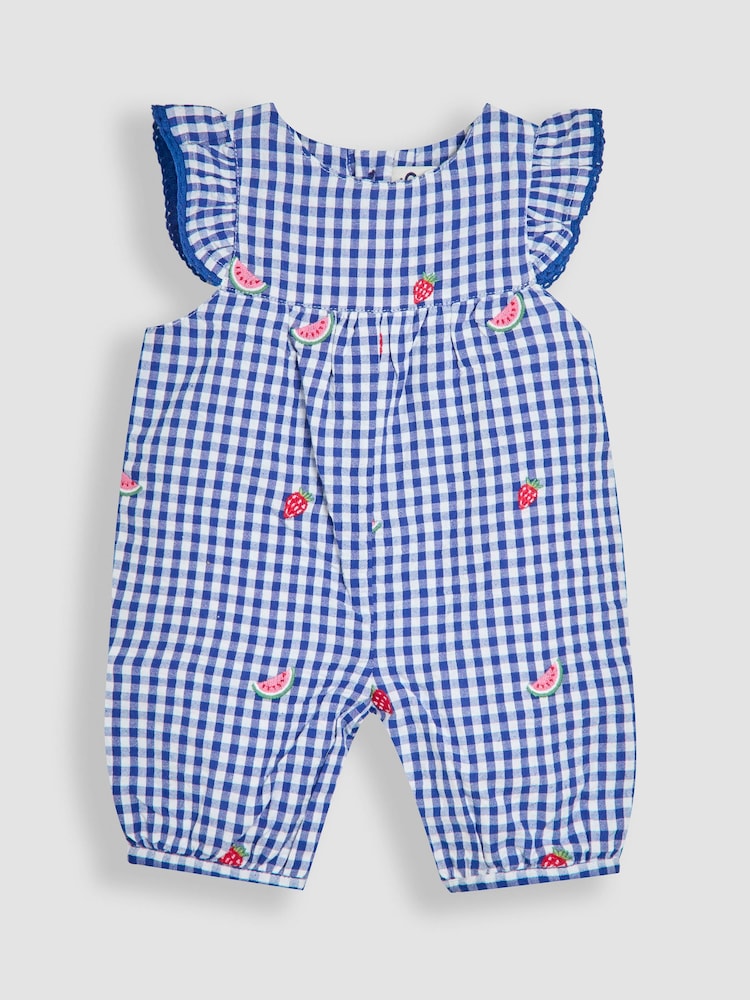 Blue Strawberry Gingham - JoJo Maman Bébé Pretty Ruffle Shoulder Embroidered 100% Cotton Sunsuit - Imagen 1 de 3