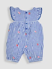 Blue Strawberry Gingham - JoJo Maman Bébé Pretty Ruffle Shoulder Embroidered 100% Cotton Sunsuit - Imagen 2 de 3
