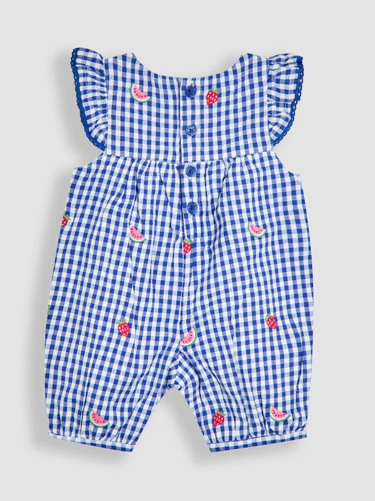 Blue Strawberry Gingham - JoJo Maman Bébé Pretty Ruffle Shoulder Embroidered 100% Cotton Sunsuit - Imagen 2 de 3