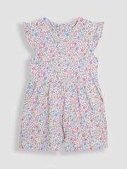 JoJo Maman Bébé Pink Cherry Ditsy Floral Print Ruffle Shoulder 100% Cotton Playsuit - Image 1 of 3