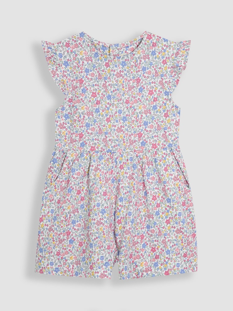 JoJo Maman Bébé Pink Cherry Ditsy Floral Print Ruffle Shoulder 100% Cotton Playsuit - Image 1 of 3