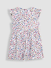 JoJo Maman Bébé Pink Cherry Ditsy Floral Print Ruffle Shoulder 100% Cotton Playsuit - Image 2 of 3